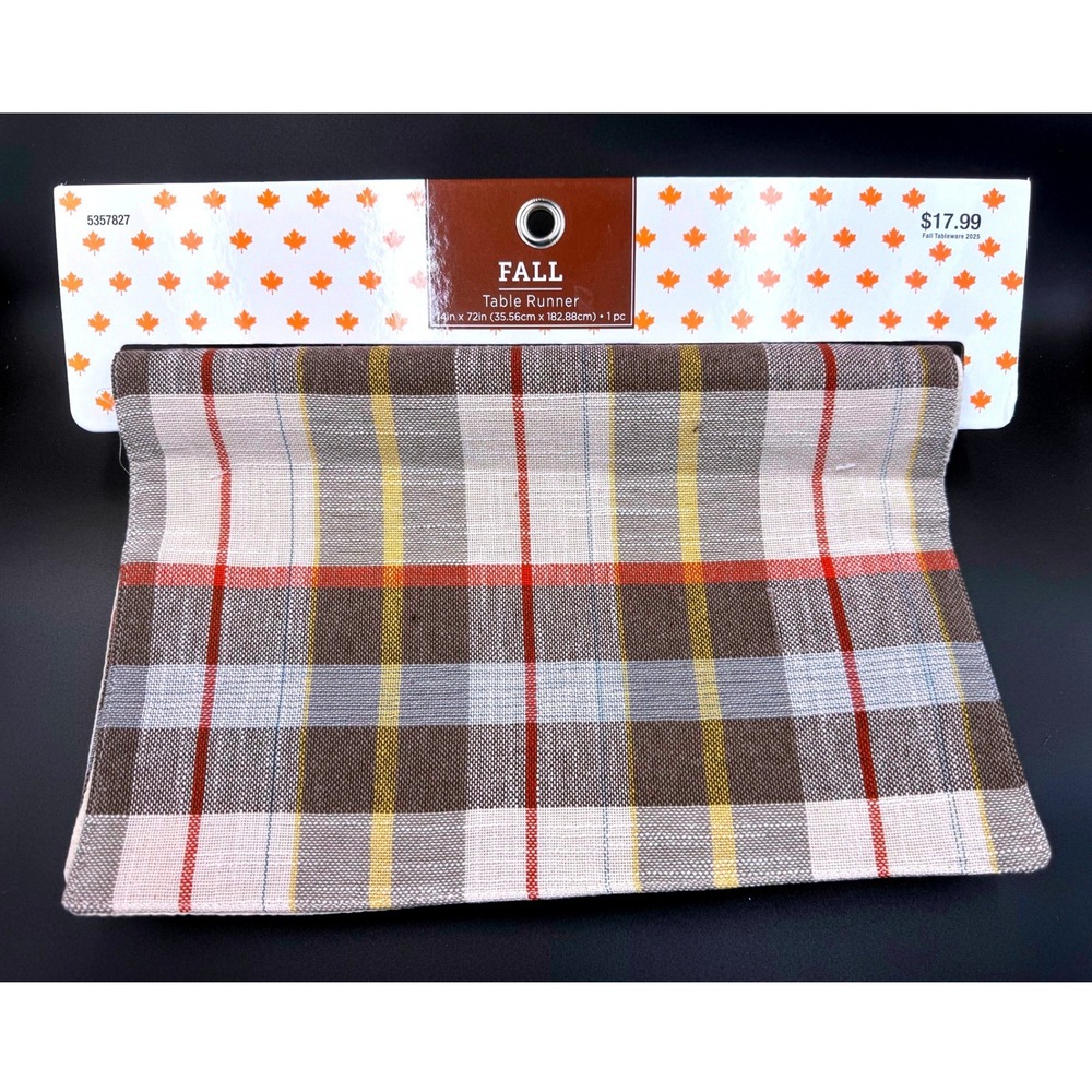 Fall Plaid Table Runner 14x72 Brown Orange Yellow Woven Harvest Decor NEW